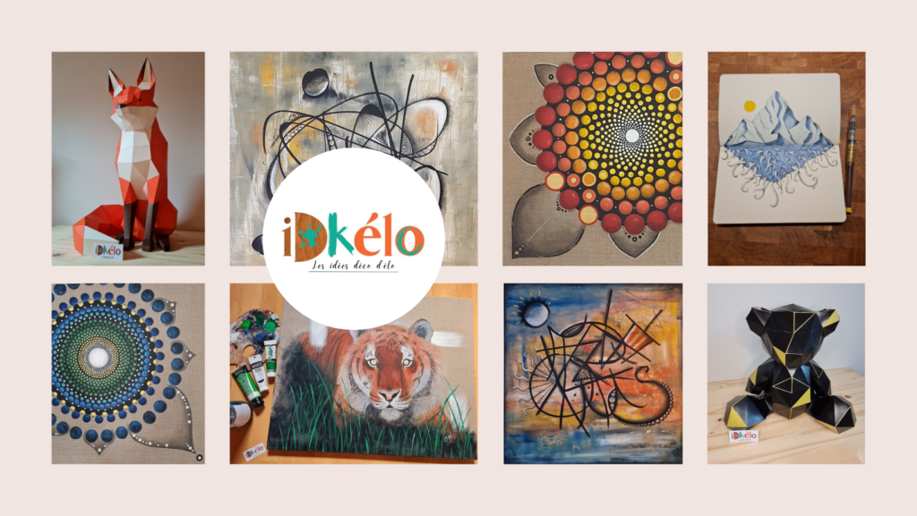 Bannière de mes différents produits au lancement de iDkélo (structures en papier, dessins, mandalas, peinture de tigre)