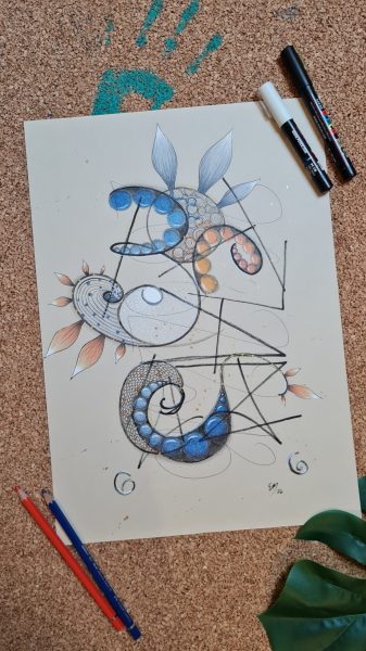Présentation du Mot papier "Bastien & Elodie", dans les tons de bleu et orange