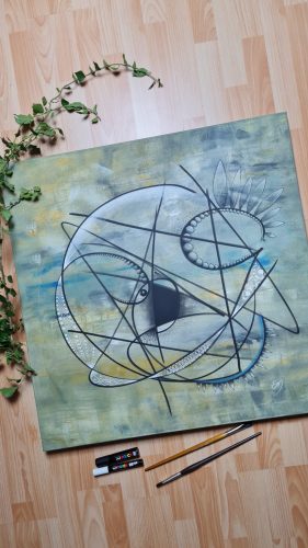 Présentation du Mot sur toile "Changer", dans les tons de gris, bleu et jaune