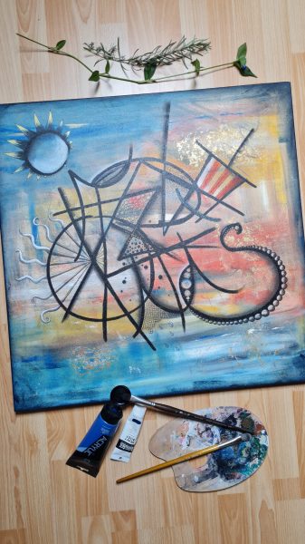 Présentation du Mot sur toile "Frustration", dans les tons de bleu, rouge et jaune