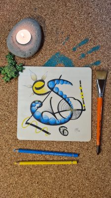 Présentation du Mot bois "Soleil", dans les tons de bleu et jaune